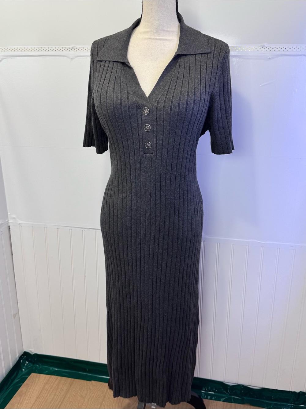 Liz Claiborne XXL Ribbed Knit Midi Dress Gray Collared Button Y2K